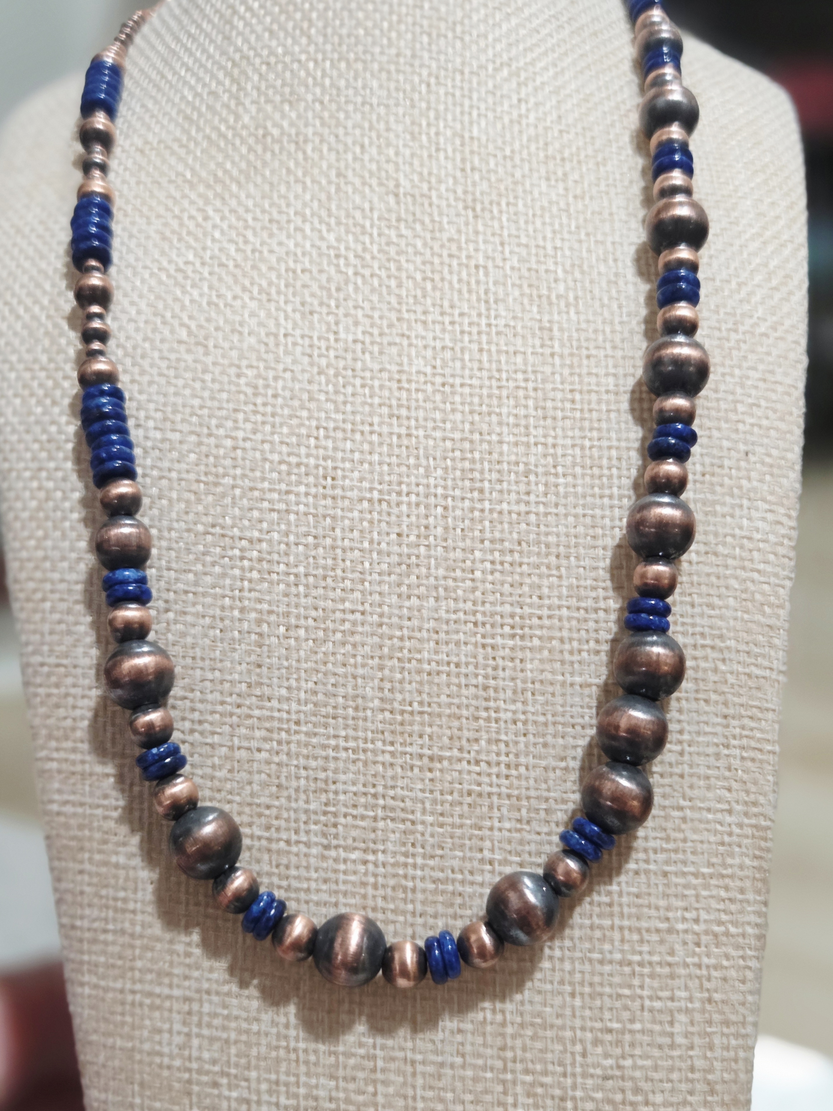 Handmade Blue Lapis And Antiqued Copper Bead Necklace - Women Jewelry